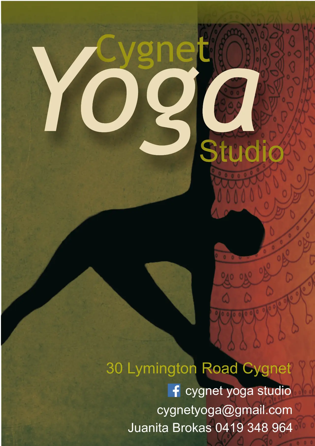 Cygnet Yoga Studio flyer with an outline of a figure doing Utthita Trikonasana and studio details