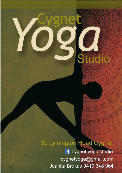 Cygnet Yoga Studio flyer with an outline of a figure doing Utthita Trikonasana and studio details