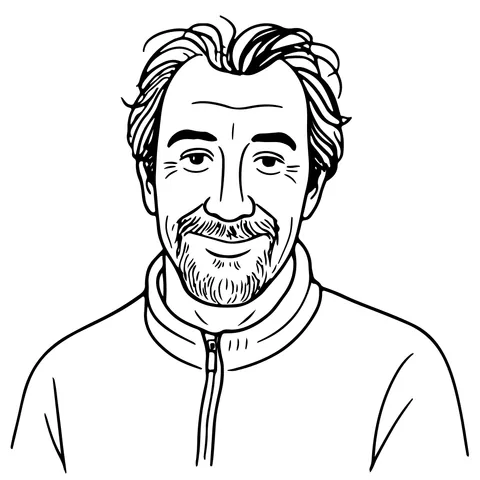 A line drawing of Justin Taylor, smiling, in a zip-up fleece.